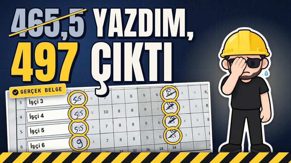 Video kapağı: 465,5 yazdım, 497 çıktı. Adları kapatılmış puantaj kâğıdından bir kesit ve eli yüzünde maskot.