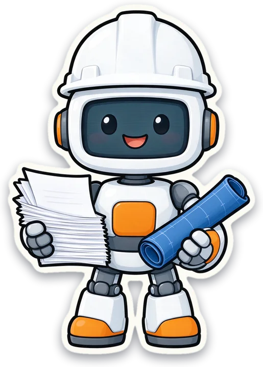 Beyaz baretli çömez robot elinde kâğıtlar ve bir pafta rulosuyla